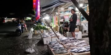 Seorang pedagang sedang menjual ikan di depan Ruko Jalur 1 Dekai